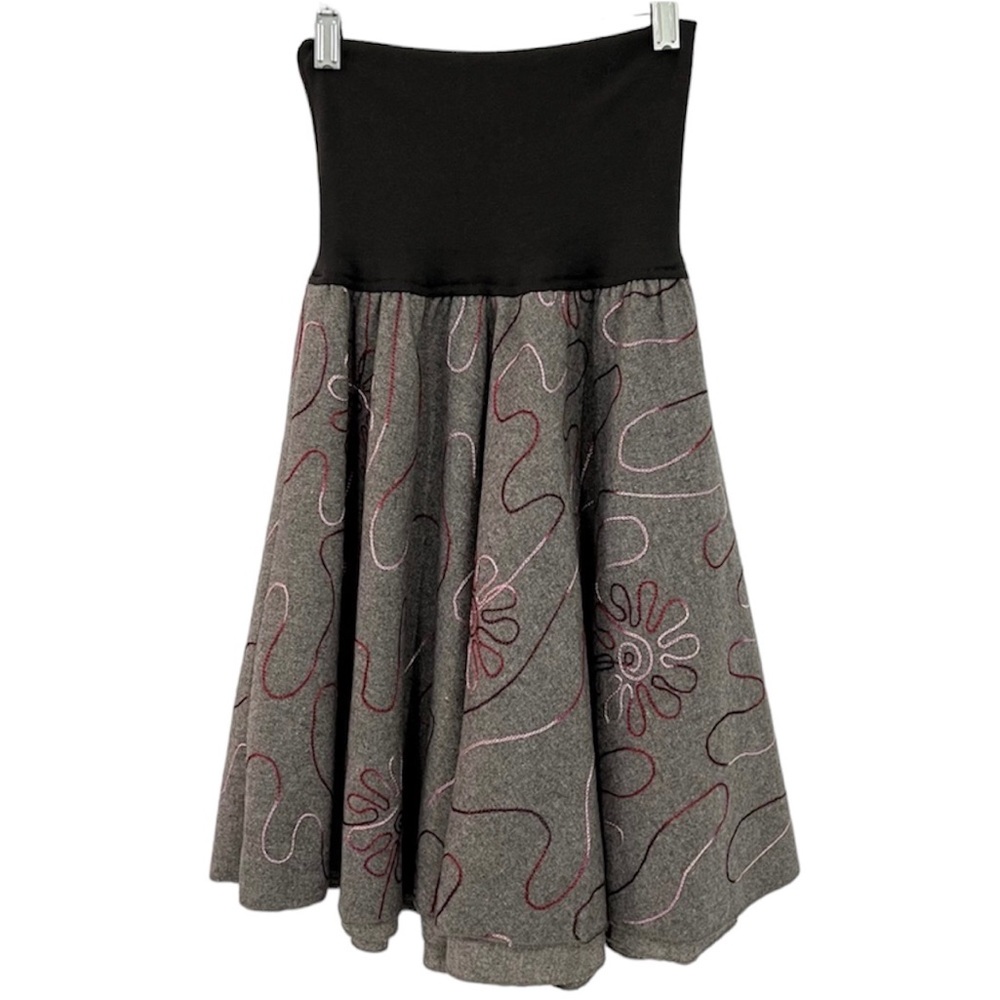 Vintage Gray Cottage Floral Embroidered Wool Flare Midi Skirt Thick Winter XS